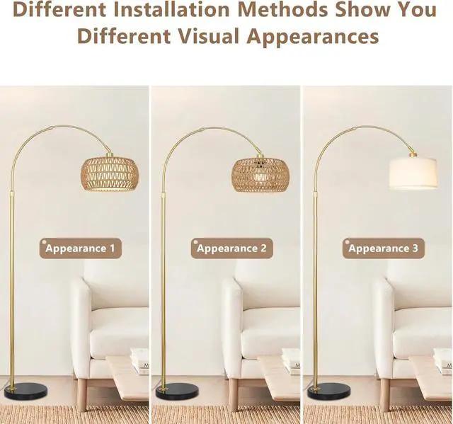 Alt view image 4 of 7 - Gold Floor Lamps for Living Room, Arc Floor Lamp with Remote & Dimmable Bulb, Boho Rattan Standing Lamp with 3 Color Temperatures, Height Adjustable Tall Lamp for Bedroom, Over Couch Reading Lamp