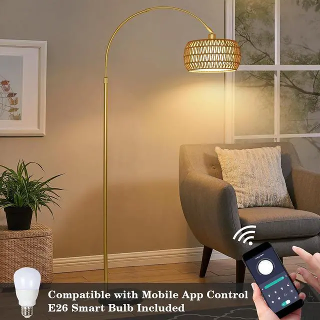 Alt view image 6 of 7 - Gold Floor Lamps for Living Room, Arc Floor Lamp with Remote & Dimmable Bulb, Boho Rattan Standing Lamp with 3 Color Temperatures, Height Adjustable Tall Lamp for Bedroom, Over Couch Reading Lamp