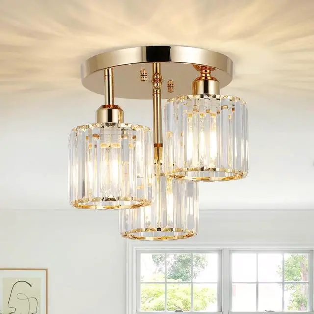 Main image of Modern Semi Flush Mount Ceiling Light,3-Light Crystal Close to Ceiling Light Fixtures,Golden Kitchen Light Fixtures with Clear Crystal Shade,Hallway Light Fixtures for Hallway Bedroom Bathroom