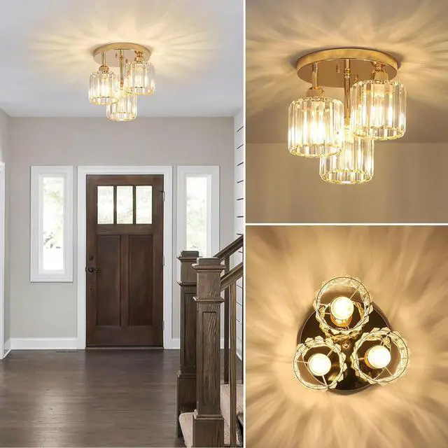 Alt view image 2 of 7 - Modern Semi Flush Mount Ceiling Light,3-Light Crystal Close to Ceiling Light Fixtures,Golden Kitchen Light Fixtures with Clear Crystal Shade,Hallway Light Fixtures for Hallway Bedroom Bathroom