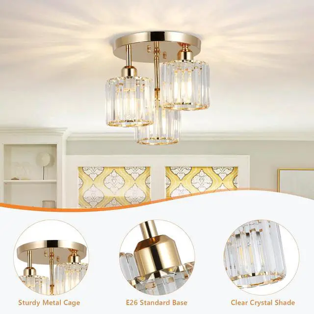 Alt view image 4 of 7 - Modern Semi Flush Mount Ceiling Light,3-Light Crystal Close to Ceiling Light Fixtures,Golden Kitchen Light Fixtures with Clear Crystal Shade,Hallway Light Fixtures for Hallway Bedroom Bathroom