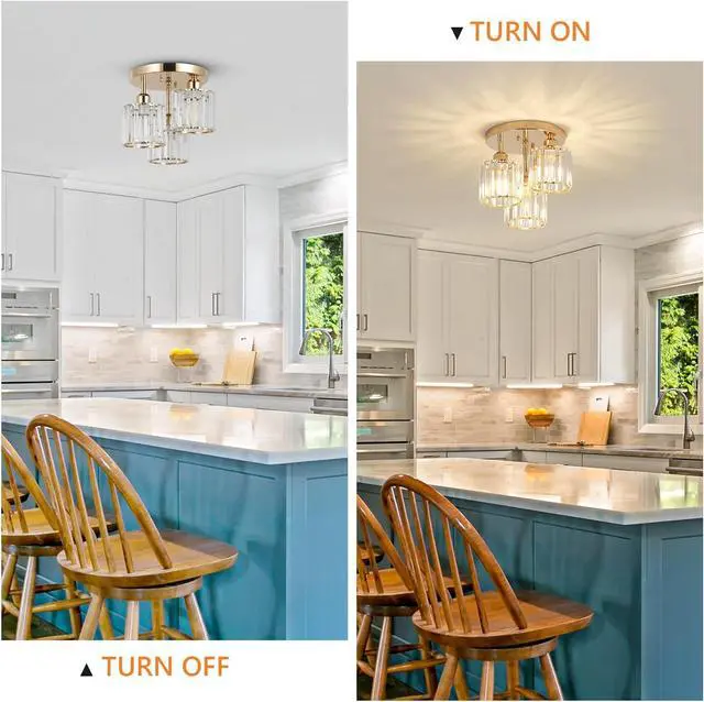 Alt view image 3 of 7 - Modern Semi Flush Mount Ceiling Light,3-Light Crystal Close to Ceiling Light Fixtures,Golden Kitchen Light Fixtures with Clear Crystal Shade,Hallway Light Fixtures for Hallway Bedroom Bathroom