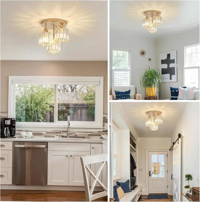 Alt view image 7 of 7 - Modern Semi Flush Mount Ceiling Light,3-Light Crystal Close to Ceiling Light Fixtures,Golden Kitchen Light Fixtures with Clear Crystal Shade,Hallway Light Fixtures for Hallway Bedroom Bathroom