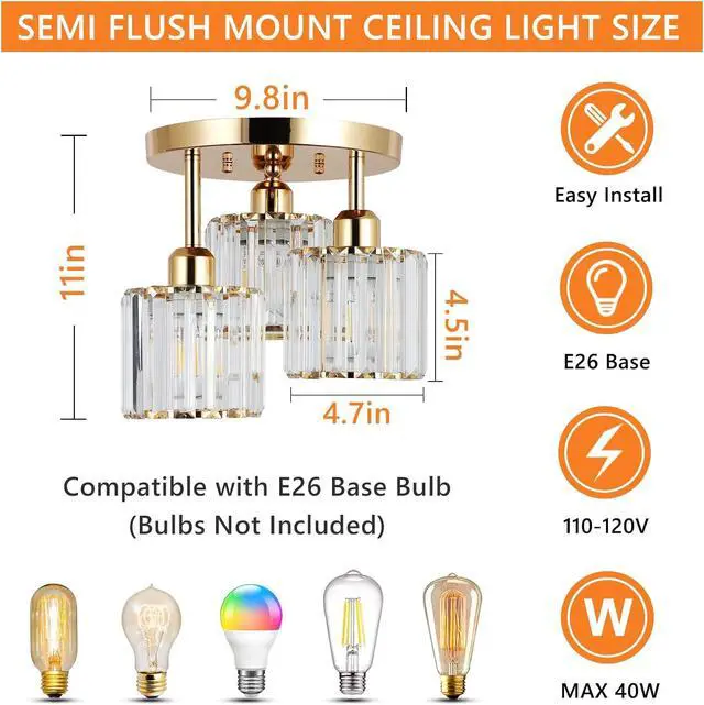 Alt view image 6 of 7 - Modern Semi Flush Mount Ceiling Light,3-Light Crystal Close to Ceiling Light Fixtures,Golden Kitchen Light Fixtures with Clear Crystal Shade,Hallway Light Fixtures for Hallway Bedroom Bathroom