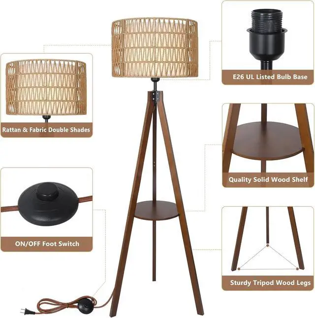 Alt view image 3 of 7 - Boho Tripod Floor Lamp with Shelves, Mid Century Wood Standing Lamp with Rattan & Fabric Shades, on/Off Foot Switch, Modern Farmhouse Tall Floor Lamps for Living Room Bedroom Office