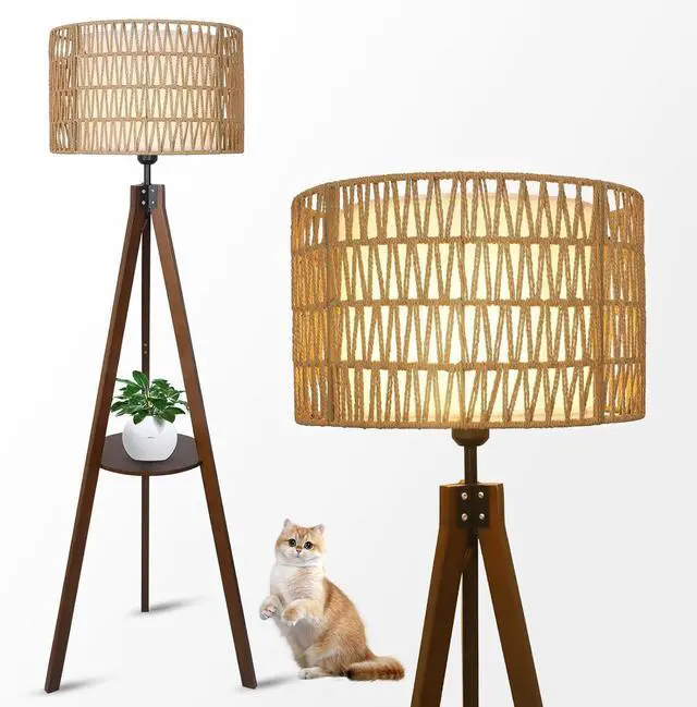 Main image of Boho Tripod Floor Lamp with Shelves, Mid Century Wood Standing Lamp with Rattan & Fabric Shades, on/Off Foot Switch, Modern Farmhouse Tall Floor Lamps for Living Room Bedroom Office