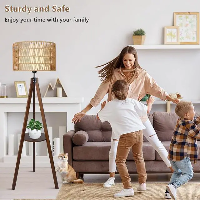 Alt view image 4 of 7 - Boho Tripod Floor Lamp with Shelves, Mid Century Wood Standing Lamp with Rattan & Fabric Shades, on/Off Foot Switch, Modern Farmhouse Tall Floor Lamps for Living Room Bedroom Office