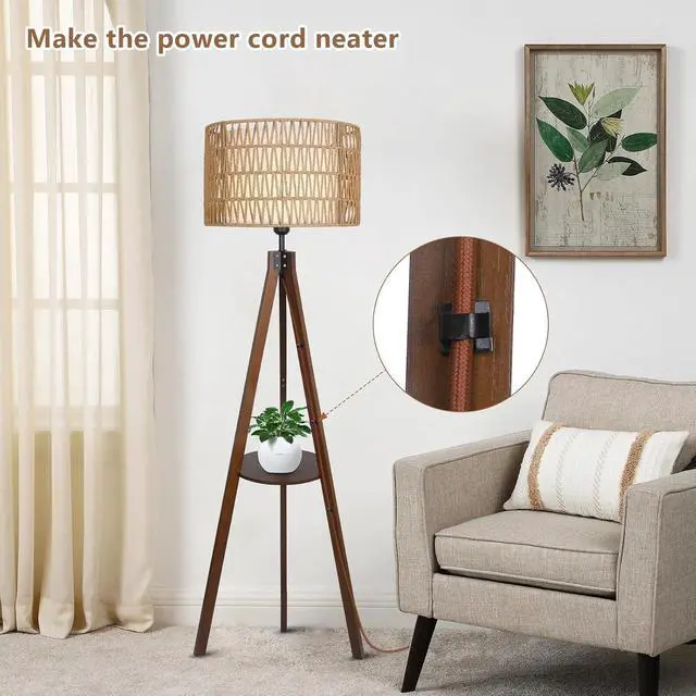 Alt view image 7 of 7 - Boho Tripod Floor Lamp with Shelves, Mid Century Wood Standing Lamp with Rattan & Fabric Shades, on/Off Foot Switch, Modern Farmhouse Tall Floor Lamps for Living Room Bedroom Office