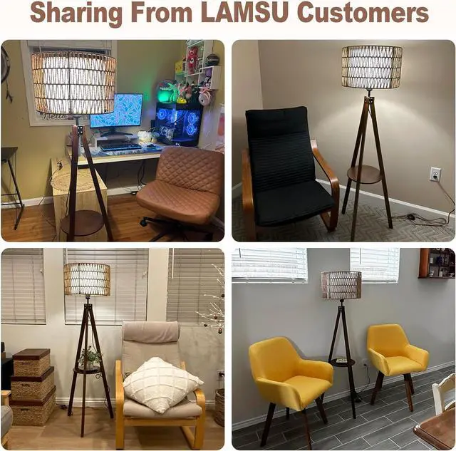 Alt view image 6 of 7 - Boho Tripod Floor Lamp with Shelves, Mid Century Wood Standing Lamp with Rattan & Fabric Shades, on/Off Foot Switch, Modern Farmhouse Tall Floor Lamps for Living Room Bedroom Office