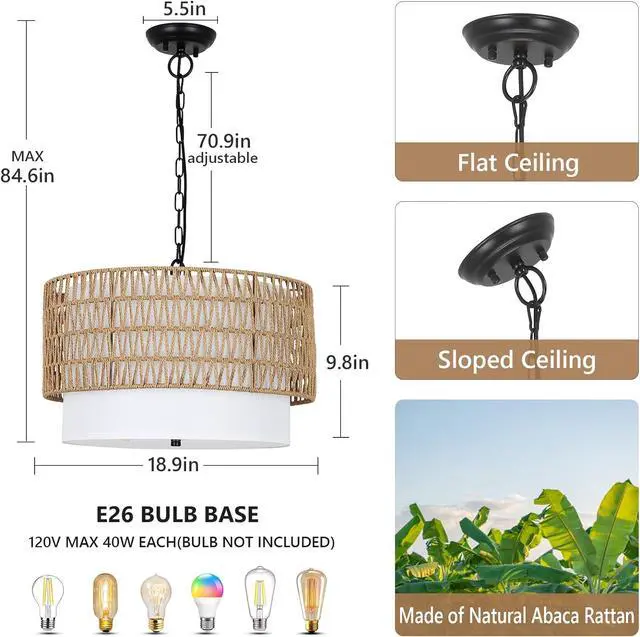 Alt view image 2 of 7 - Farmhouse Chandeliers for Dining Room,5-Light Rattan Boho Chandelier Light Fixture with Fabric Shade,Hand Woven Large Rattan Dining Room Light Fixture for Kitchen Bedroom Island Hallway