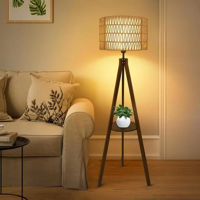 Alt view image 5 of 7 - Boho Tripod Floor Lamp with Shelves, Mid Century Wood Standing Lamp with Rattan & Fabric Shades, on/Off Foot Switch, Modern Farmhouse Tall Floor Lamps for Living Room Bedroom Office