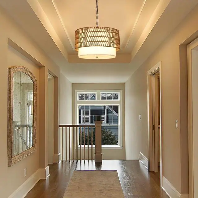 Alt view image 5 of 7 - Farmhouse Chandeliers for Dining Room,5-Light Rattan Boho Chandelier Light Fixture with Fabric Shade,Hand Woven Large Rattan Dining Room Light Fixture for Kitchen Bedroom Island Hallway