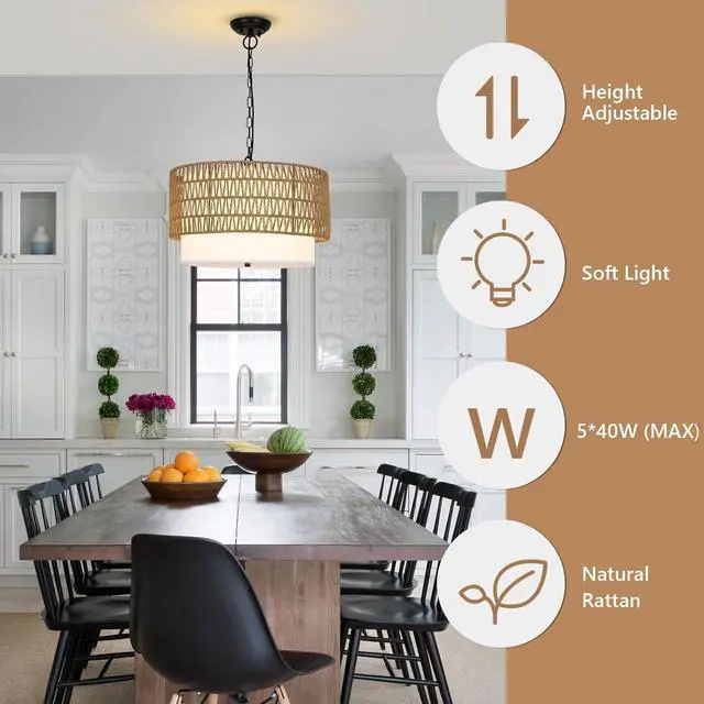 Alt view image 7 of 7 - Farmhouse Chandeliers for Dining Room,5-Light Rattan Boho Chandelier Light Fixture with Fabric Shade,Hand Woven Large Rattan Dining Room Light Fixture for Kitchen Bedroom Island Hallway