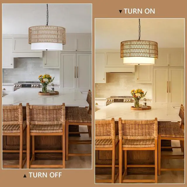 Alt view image 6 of 7 - Farmhouse Chandeliers for Dining Room,5-Light Rattan Boho Chandelier Light Fixture with Fabric Shade,Hand Woven Large Rattan Dining Room Light Fixture for Kitchen Bedroom Island Hallway