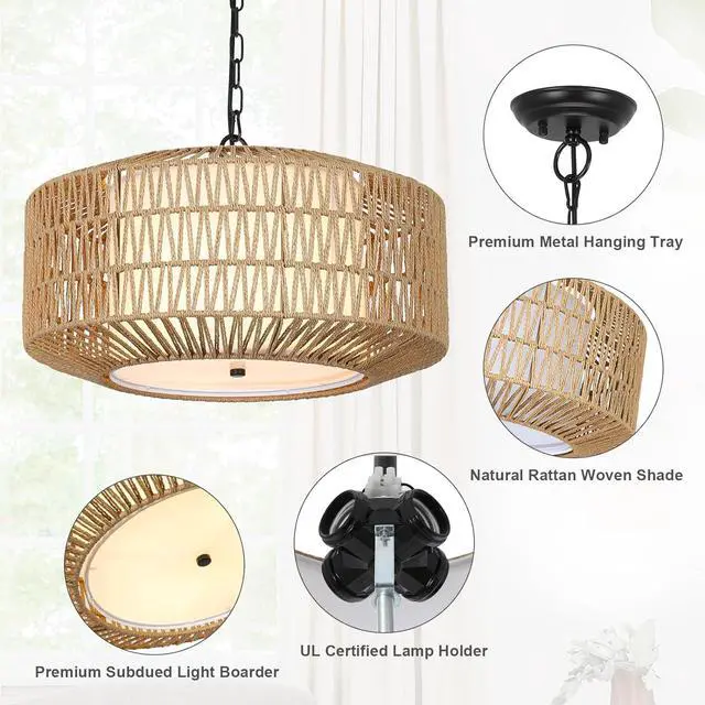 Alt view image 2 of 7 - Farmhouse Chandelier Light Fixture,4-Light Rattan Boho Chandeliers for Dining Room with Fabric Shade,Hand Woven Large Rattan Dining Room Light Fixture for Kitchen Bedroom Island Hallway