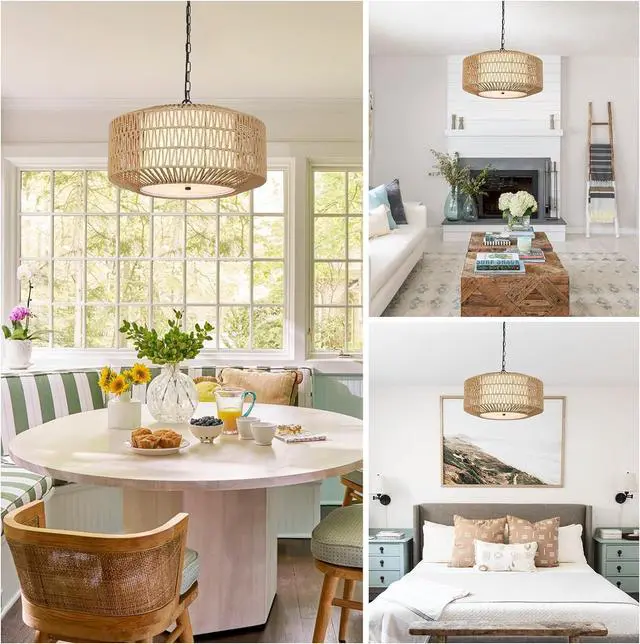 Alt view image 3 of 7 - Farmhouse Chandelier Light Fixture,4-Light Rattan Boho Chandeliers for Dining Room with Fabric Shade,Hand Woven Large Rattan Dining Room Light Fixture for Kitchen Bedroom Island Hallway