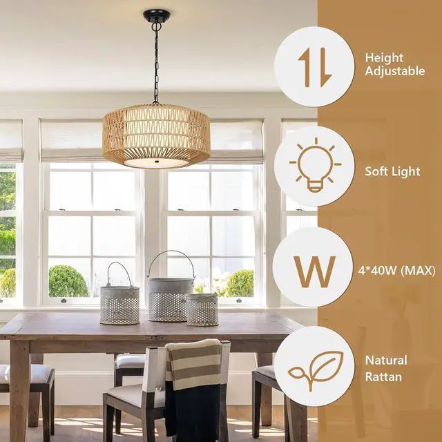 Alt view image 4 of 7 - Farmhouse Chandelier Light Fixture,4-Light Rattan Boho Chandeliers for Dining Room with Fabric Shade,Hand Woven Large Rattan Dining Room Light Fixture for Kitchen Bedroom Island Hallway
