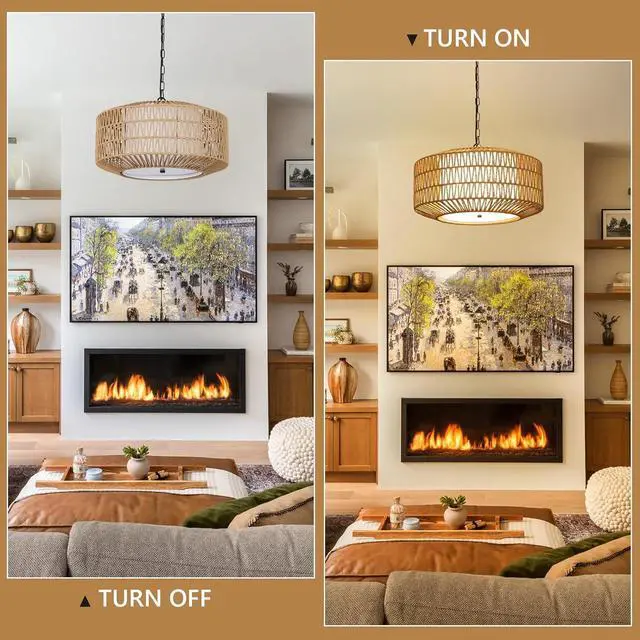 Alt view image 5 of 7 - Farmhouse Chandelier Light Fixture,4-Light Rattan Boho Chandeliers for Dining Room with Fabric Shade,Hand Woven Large Rattan Dining Room Light Fixture for Kitchen Bedroom Island Hallway