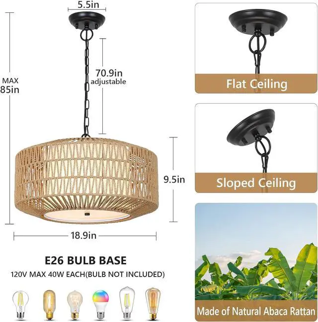Alt view image 6 of 7 - Farmhouse Chandelier Light Fixture,4-Light Rattan Boho Chandeliers for Dining Room with Fabric Shade,Hand Woven Large Rattan Dining Room Light Fixture for Kitchen Bedroom Island Hallway