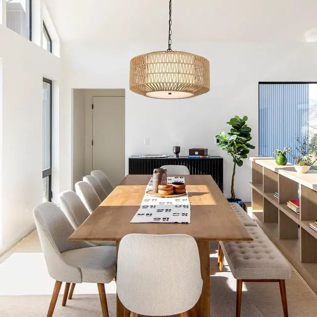 Alt view image 7 of 7 - Farmhouse Chandelier Light Fixture,4-Light Rattan Boho Chandeliers for Dining Room with Fabric Shade,Hand Woven Large Rattan Dining Room Light Fixture for Kitchen Bedroom Island Hallway
