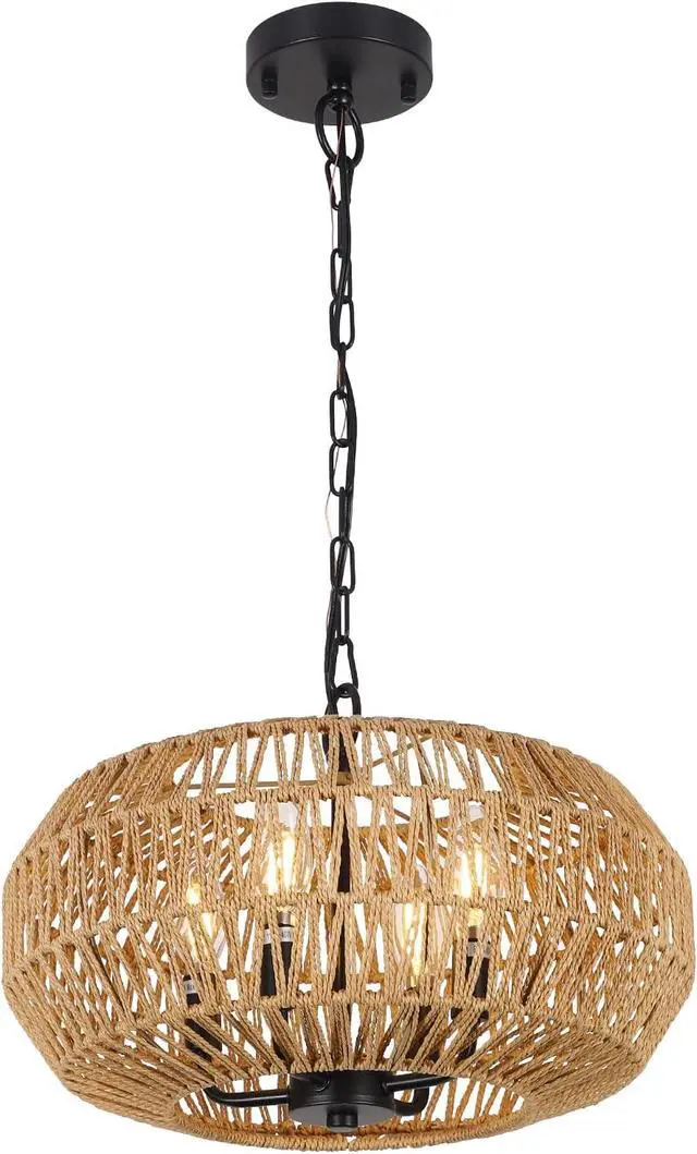 Alt view image 2 of 7 - Farmhouse Rattan Pendant Lights, 15.7" 4-Light Boho Chandelier Light Fixture, Wicker Hand Woven Basket Pendant Hanging for Dining Room Living Room Kitchen Island Bedroom Foyer, Height Adjustable