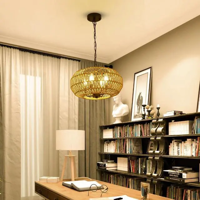 Alt view image 3 of 7 - Farmhouse Rattan Pendant Lights, 15.7" 4-Light Boho Chandelier Light Fixture, Wicker Hand Woven Basket Pendant Hanging for Dining Room Living Room Kitchen Island Bedroom Foyer, Height Adjustable