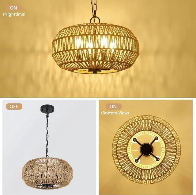 Alt view image 4 of 7 - Farmhouse Rattan Pendant Lights, 15.7" 4-Light Boho Chandelier Light Fixture, Wicker Hand Woven Basket Pendant Hanging for Dining Room Living Room Kitchen Island Bedroom Foyer, Height Adjustable