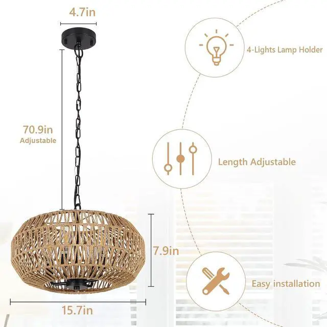 Alt view image 6 of 7 - Farmhouse Rattan Pendant Lights, 15.7" 4-Light Boho Chandelier Light Fixture, Wicker Hand Woven Basket Pendant Hanging for Dining Room Living Room Kitchen Island Bedroom Foyer, Height Adjustable