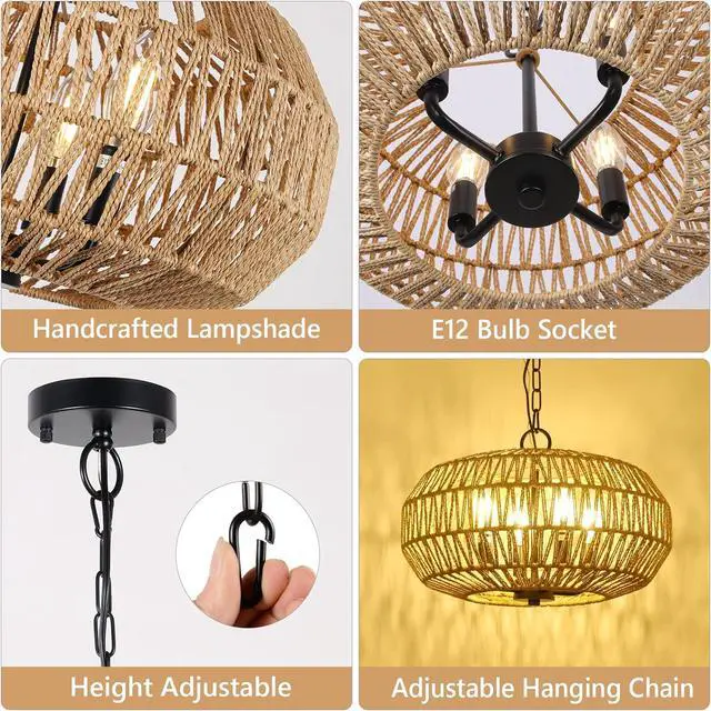 Alt view image 5 of 7 - Farmhouse Rattan Pendant Lights, 15.7" 4-Light Boho Chandelier Light Fixture, Wicker Hand Woven Basket Pendant Hanging for Dining Room Living Room Kitchen Island Bedroom Foyer, Height Adjustable