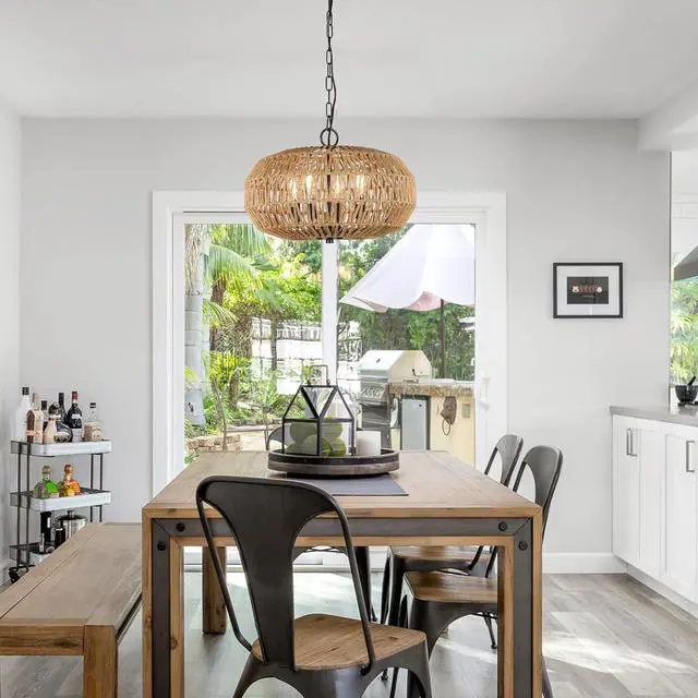 Alt view image 7 of 7 - Farmhouse Rattan Pendant Lights, 15.7" 4-Light Boho Chandelier Light Fixture, Wicker Hand Woven Basket Pendant Hanging for Dining Room Living Room Kitchen Island Bedroom Foyer, Height Adjustable