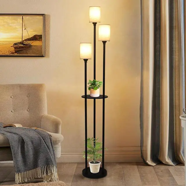 Alt view image 4 of 7 - Floor Lamp with Shelves, Modern Floor Lamps for Living Room, 3-Lights Standing Lamp with Linen Shade and Foot Switch, industrial Standing Lamps for Bedroom, Black Tall Table Lamp for Office
