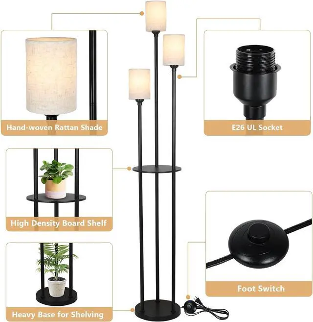 Alt view image 3 of 7 - Floor Lamp with Shelves, Modern Floor Lamps for Living Room, 3-Lights Standing Lamp with Linen Shade and Foot Switch, industrial Standing Lamps for Bedroom, Black Tall Table Lamp for Office