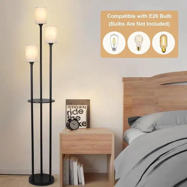 Alt view image 5 of 7 - Floor Lamp with Shelves, Modern Floor Lamps for Living Room, 3-Lights Standing Lamp with Linen Shade and Foot Switch, industrial Standing Lamps for Bedroom, Black Tall Table Lamp for Office
