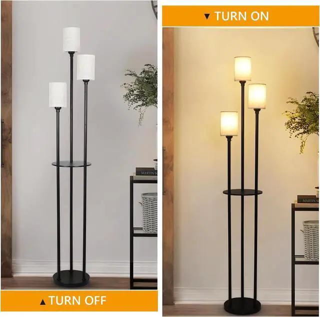 Alt view image 6 of 7 - Floor Lamp with Shelves, Modern Floor Lamps for Living Room, 3-Lights Standing Lamp with Linen Shade and Foot Switch, industrial Standing Lamps for Bedroom, Black Tall Table Lamp for Office