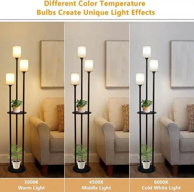Alt view image 2 of 7 - Floor Lamp with Shelves, Modern Floor Lamps for Living Room, 3-Lights Standing Lamp with Linen Shade and Foot Switch, industrial Standing Lamps for Bedroom, Black Tall Table Lamp for Office
