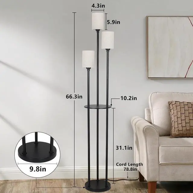 Alt view image 7 of 7 - Floor Lamp with Shelves, Modern Floor Lamps for Living Room, 3-Lights Standing Lamp with Linen Shade and Foot Switch, industrial Standing Lamps for Bedroom, Black Tall Table Lamp for Office