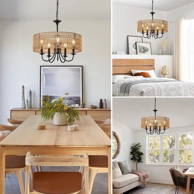 Alt view image 2 of 7 - Modern Farmhouse Chandelier Light Fixtures, 5-Lights Large Rattan Pendant Lighting with Hand Woven Wicker Shade, Boho Black Chandeliers for Dining Room Living Room Kitchen Island Bedroom