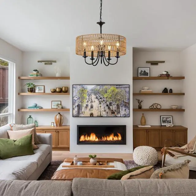 Alt view image 3 of 7 - Modern Farmhouse Chandelier Light Fixtures, 5-Lights Large Rattan Pendant Lighting with Hand Woven Wicker Shade, Boho Black Chandeliers for Dining Room Living Room Kitchen Island Bedroom
