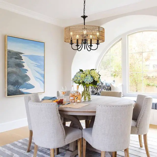 Alt view image 4 of 7 - Modern Farmhouse Chandelier Light Fixtures, 5-Lights Large Rattan Pendant Lighting with Hand Woven Wicker Shade, Boho Black Chandeliers for Dining Room Living Room Kitchen Island Bedroom
