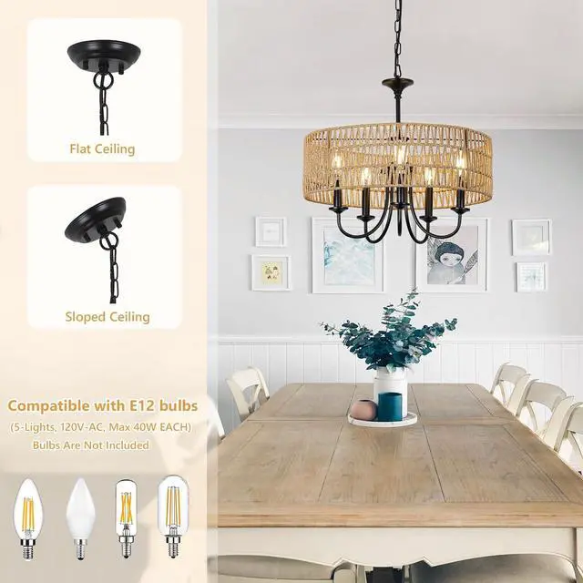 Alt view image 5 of 7 - Modern Farmhouse Chandelier Light Fixtures, 5-Lights Large Rattan Pendant Lighting with Hand Woven Wicker Shade, Boho Black Chandeliers for Dining Room Living Room Kitchen Island Bedroom