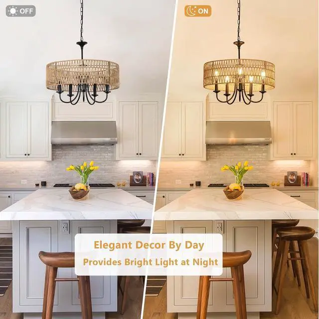 Alt view image 6 of 7 - Modern Farmhouse Chandelier Light Fixtures, 5-Lights Large Rattan Pendant Lighting with Hand Woven Wicker Shade, Boho Black Chandeliers for Dining Room Living Room Kitchen Island Bedroom