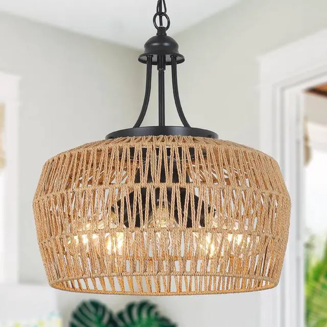 Main image of Large Farmhouse Chandeliers for Dining Room, 5-Light Rattan Boho Chandelier Light Fixture with Wicker Lampshade, Coastal Hanging Pendant Lighting for Kitchen Island Bedroom Living Room Nursery
