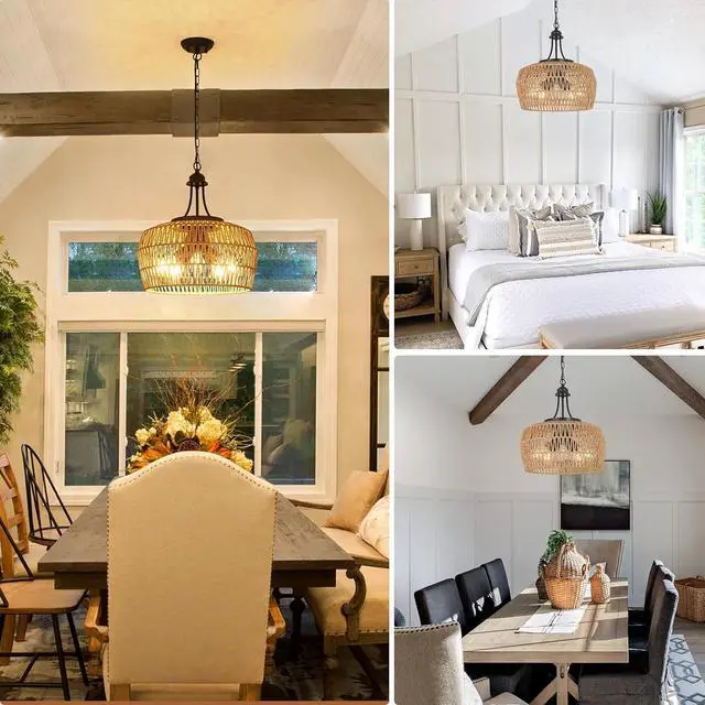 Alt view image 2 of 7 - Large Farmhouse Chandeliers for Dining Room, 5-Light Rattan Boho Chandelier Light Fixture with Wicker Lampshade, Coastal Hanging Pendant Lighting for Kitchen Island Bedroom Living Room Nursery