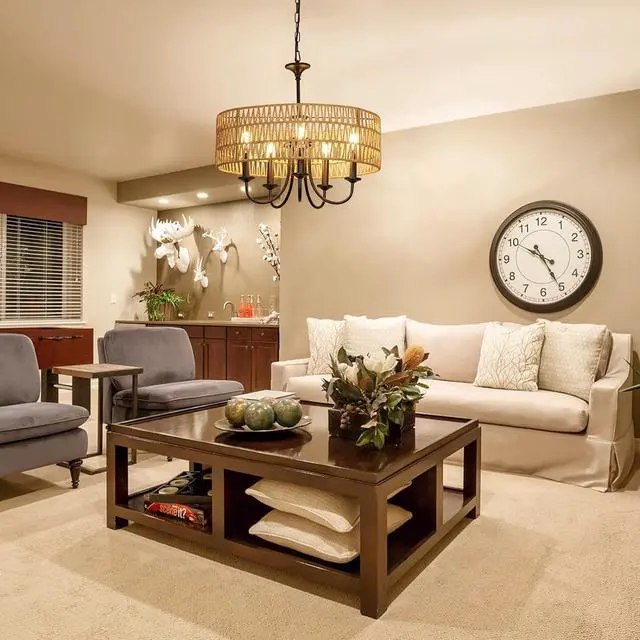 Alt view image 7 of 7 - Modern Farmhouse Chandelier Light Fixtures, 5-Lights Large Rattan Pendant Lighting with Hand Woven Wicker Shade, Boho Black Chandeliers for Dining Room Living Room Kitchen Island Bedroom