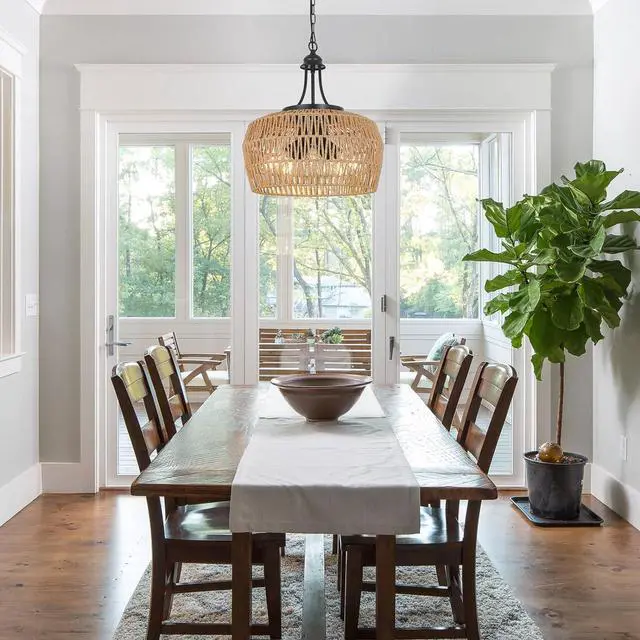 Alt view image 4 of 7 - Large Farmhouse Chandeliers for Dining Room, 5-Light Rattan Boho Chandelier Light Fixture with Wicker Lampshade, Coastal Hanging Pendant Lighting for Kitchen Island Bedroom Living Room Nursery