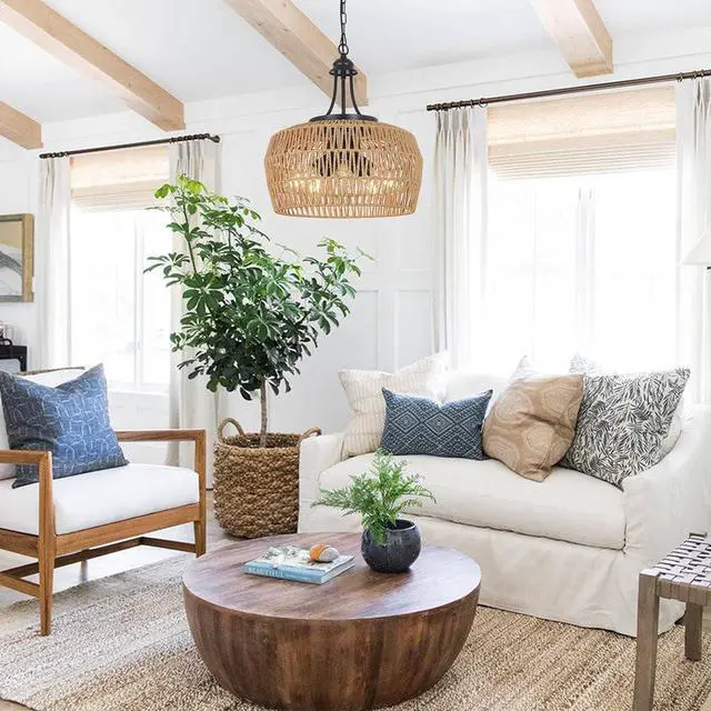 Alt view image 3 of 7 - Large Farmhouse Chandeliers for Dining Room, 5-Light Rattan Boho Chandelier Light Fixture with Wicker Lampshade, Coastal Hanging Pendant Lighting for Kitchen Island Bedroom Living Room Nursery