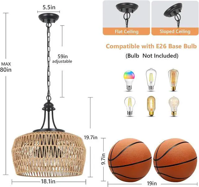 Alt view image 7 of 7 - Large Farmhouse Chandeliers for Dining Room, 5-Light Rattan Boho Chandelier Light Fixture with Wicker Lampshade, Coastal Hanging Pendant Lighting for Kitchen Island Bedroom Living Room Nursery