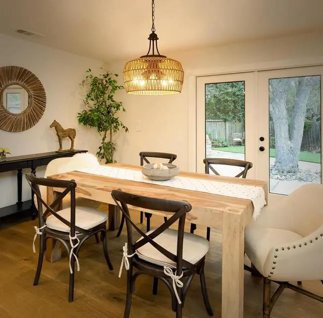 Alt view image 5 of 7 - Large Farmhouse Chandeliers for Dining Room, 5-Light Rattan Boho Chandelier Light Fixture with Wicker Lampshade, Coastal Hanging Pendant Lighting for Kitchen Island Bedroom Living Room Nursery
