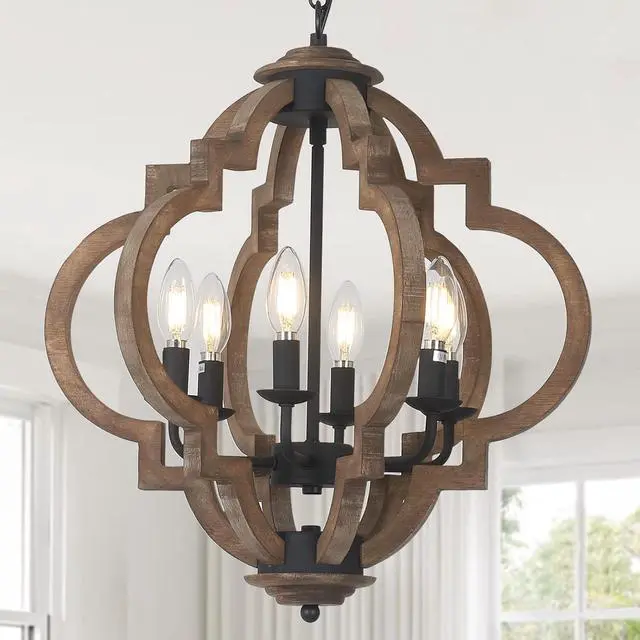 Main image of Farmhouse Chandeliers for Dining Room, 6-Light Rustic Dining Room Light Fixture Over Table, Wood Black Hanging Pendant Lights Kitchen Island, Boho Chandelier for Bedrooms Entryway Living Room