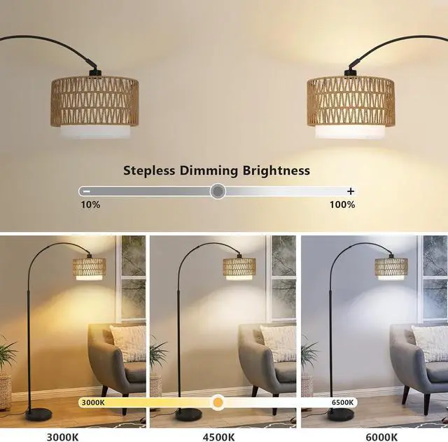 Alt view image 2 of 7 - Arc Floor Lamp with Remote, Modern Led Floor Lamp with Dimmable Bulb, Boho Farmhouse Standing Lamp with Fabric & Rattan Lampshades, Height Adjustable Black Tall Lamp for Living Room Bedroom